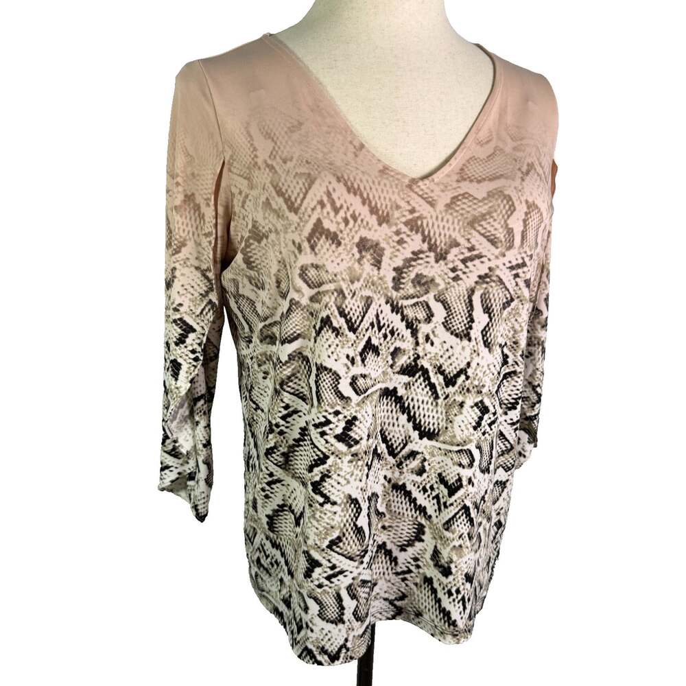 Calvin Klein Womens 0X Plus Tan Snakeskin Ombre V-Neck 3/4 Split Sleeve Blouse - Picture 2 of 16
